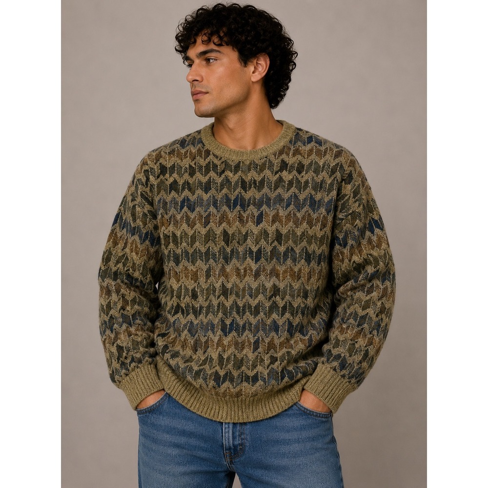 Serafini Mens XL‎ Vintage Geometric Chevron Knit Sweater Earth Tone Crewneck 90s